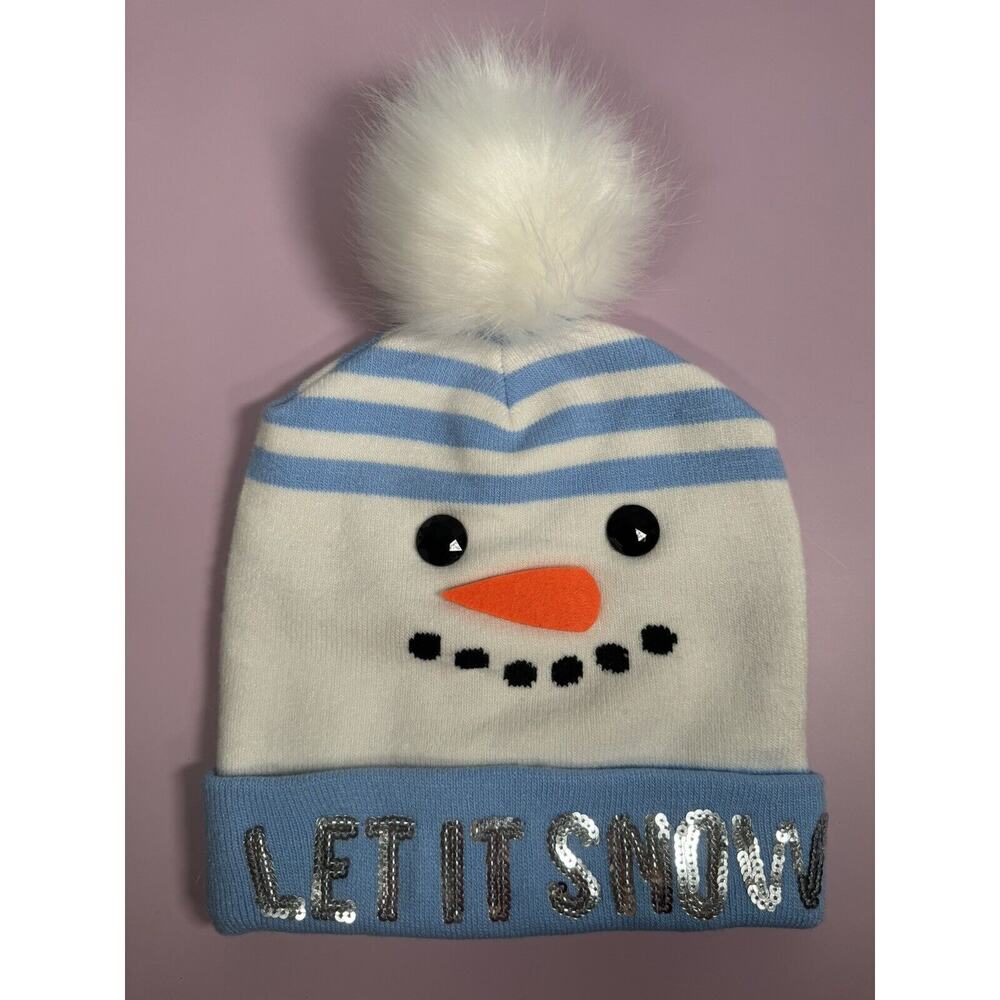 Beanie Sequin Let It Snow Snowman Holiday Hat Knit‎ Stocking Cap Girls Kids Blue
